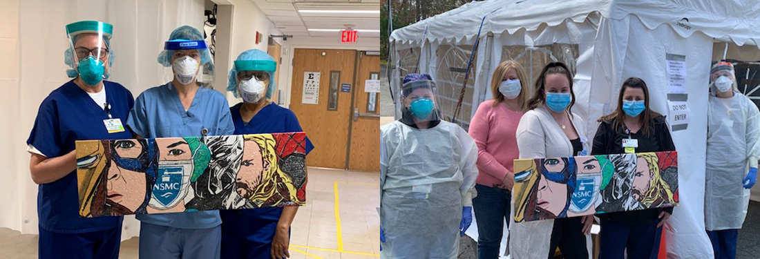 Two photos side by side showing medical professionals in scrubs, masks, face shields and hair nets holding a superhero poster with hospital workers in the image | Virginia Mason Institute